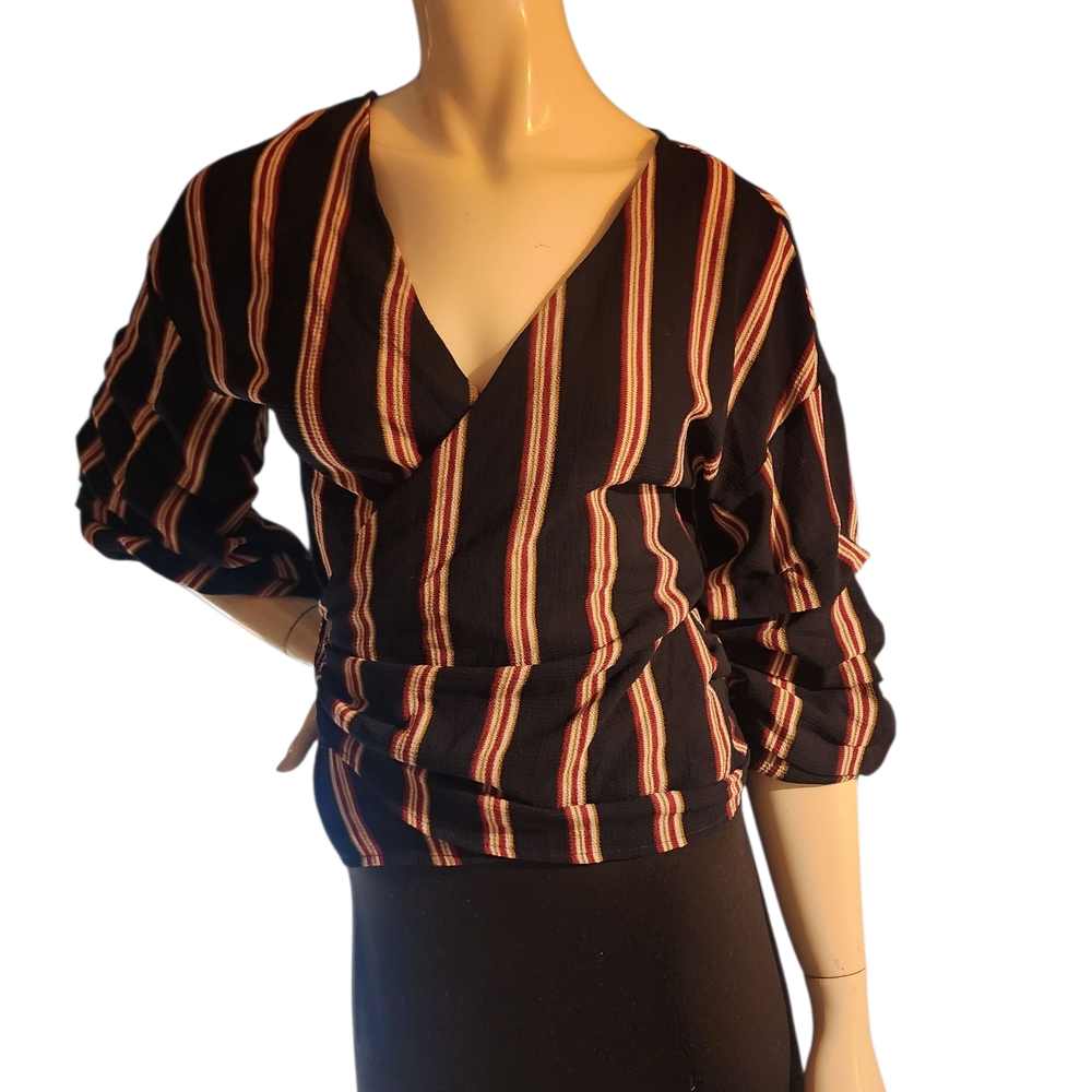 She + Sky Navy Blue and Red Striped V-Neck Blouse